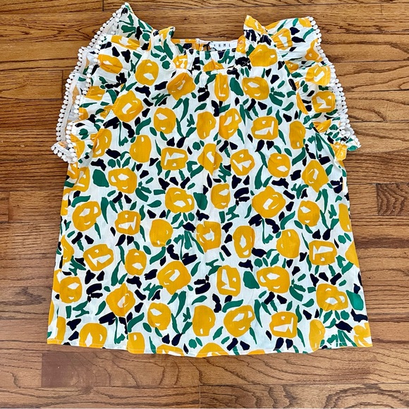 THML Yellow Green Black White Floral Ruffle Sleeve Top Blouse Women’s Medium NWT - Picture 2 of 10